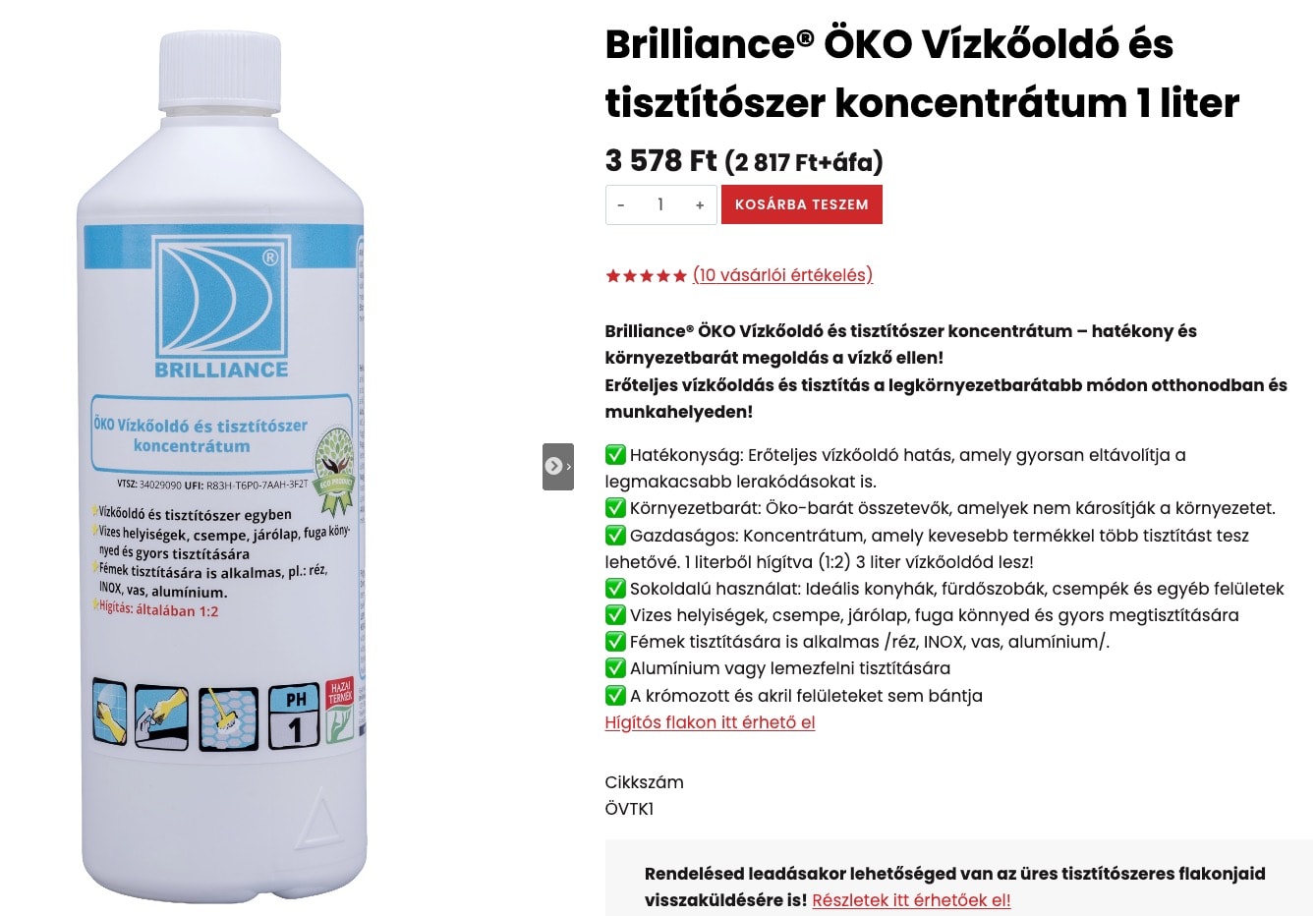 Brilliance ÖKO Vízkőoldó és tisztítószer koncentrátum 1 liter