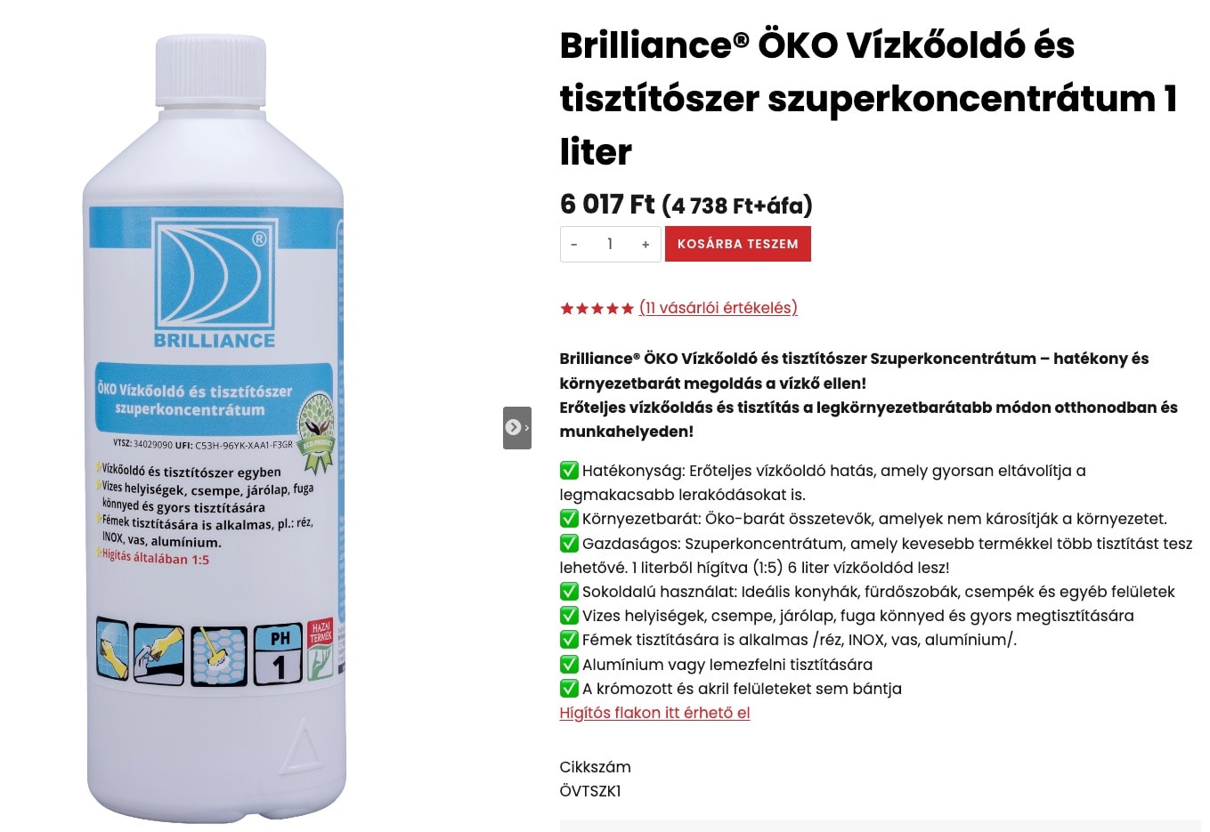 Brilliance ÖKO Vízkőoldó és tisztítószer szuperkoncentrátum 1 liter