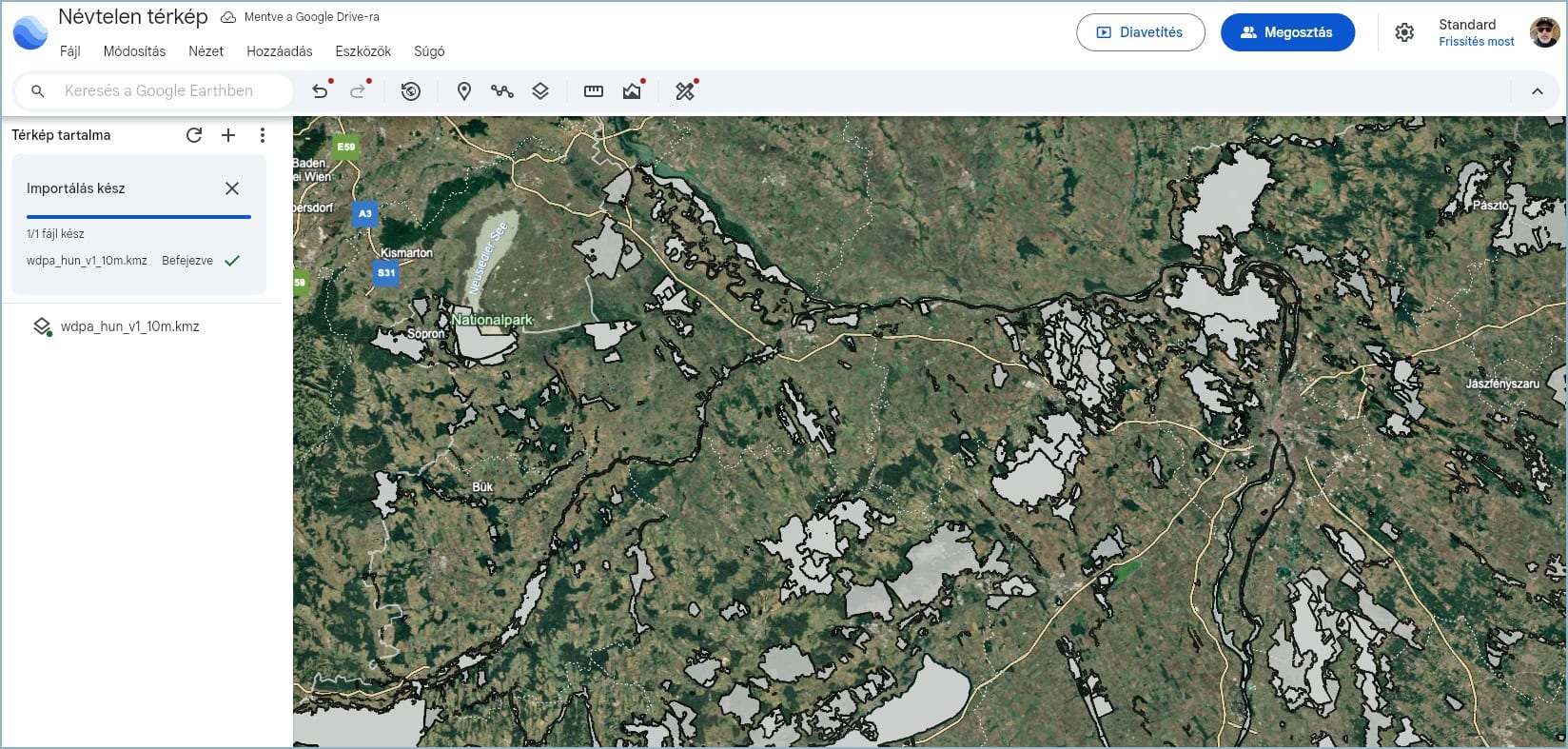 Google Earth - KMZ sikeres betöltés után