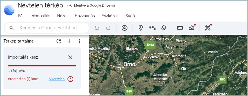 Google Earth sikertelen KMZ import
